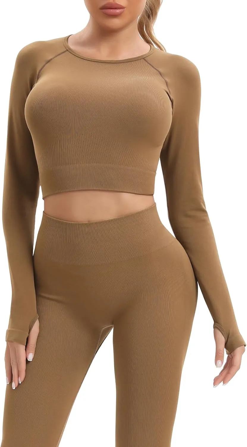 JOLLMONO Women Workout Sets 2 Pieces Long Sleeve Seamless Yoga Outfits Gym Clothes