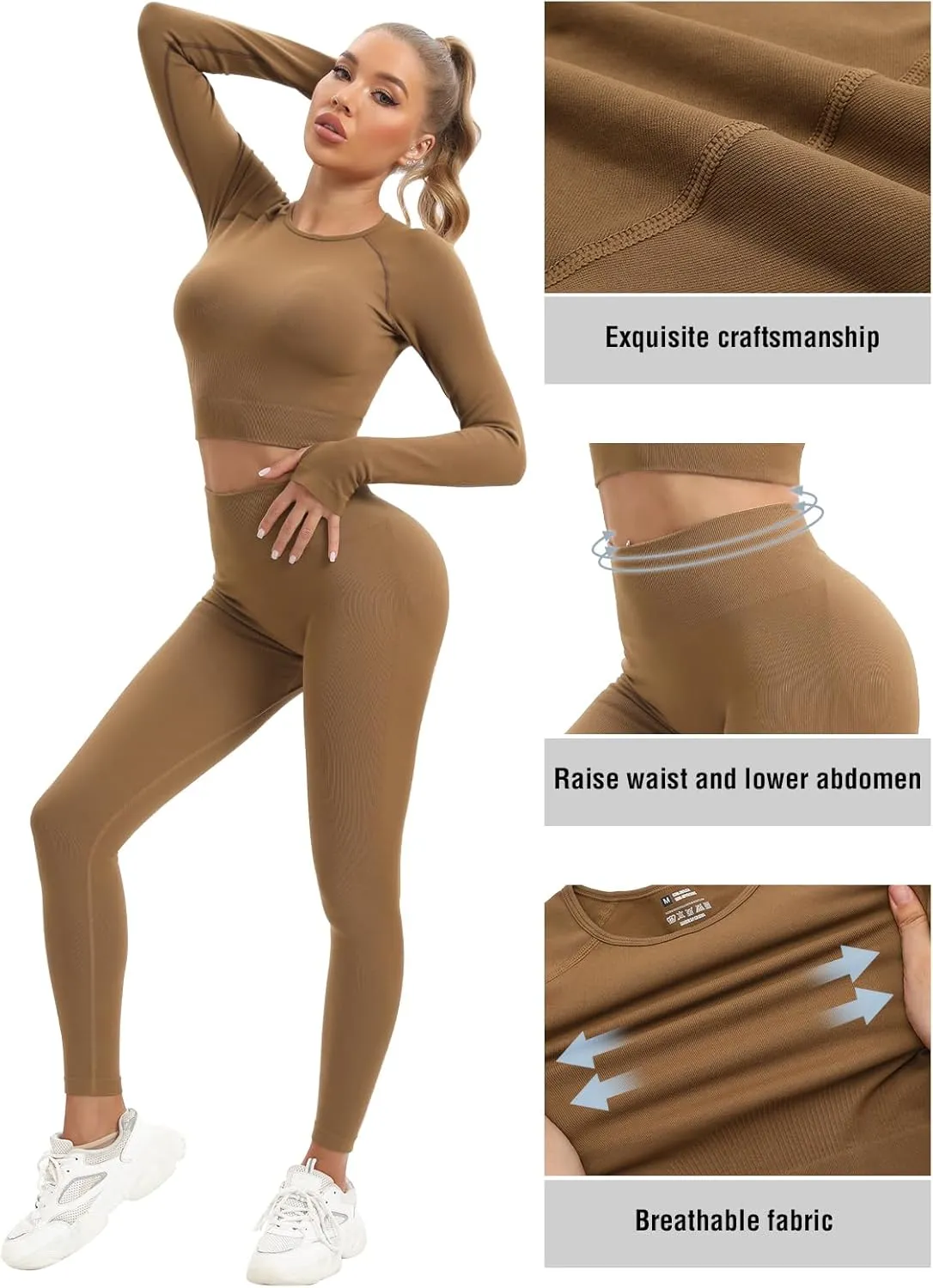 JOLLMONO Women Workout Sets 2 Pieces Long Sleeve Seamless Yoga Outfits Gym Clothes