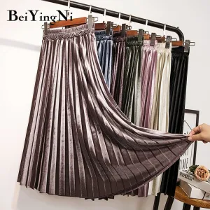Joskaa Christmas Gift Beiyingni Velvet Skirts Womens Vintage Autumn Winter Warm Pleated Midi High Waist Skirt Solid Color Casual Korean Style Faldas
