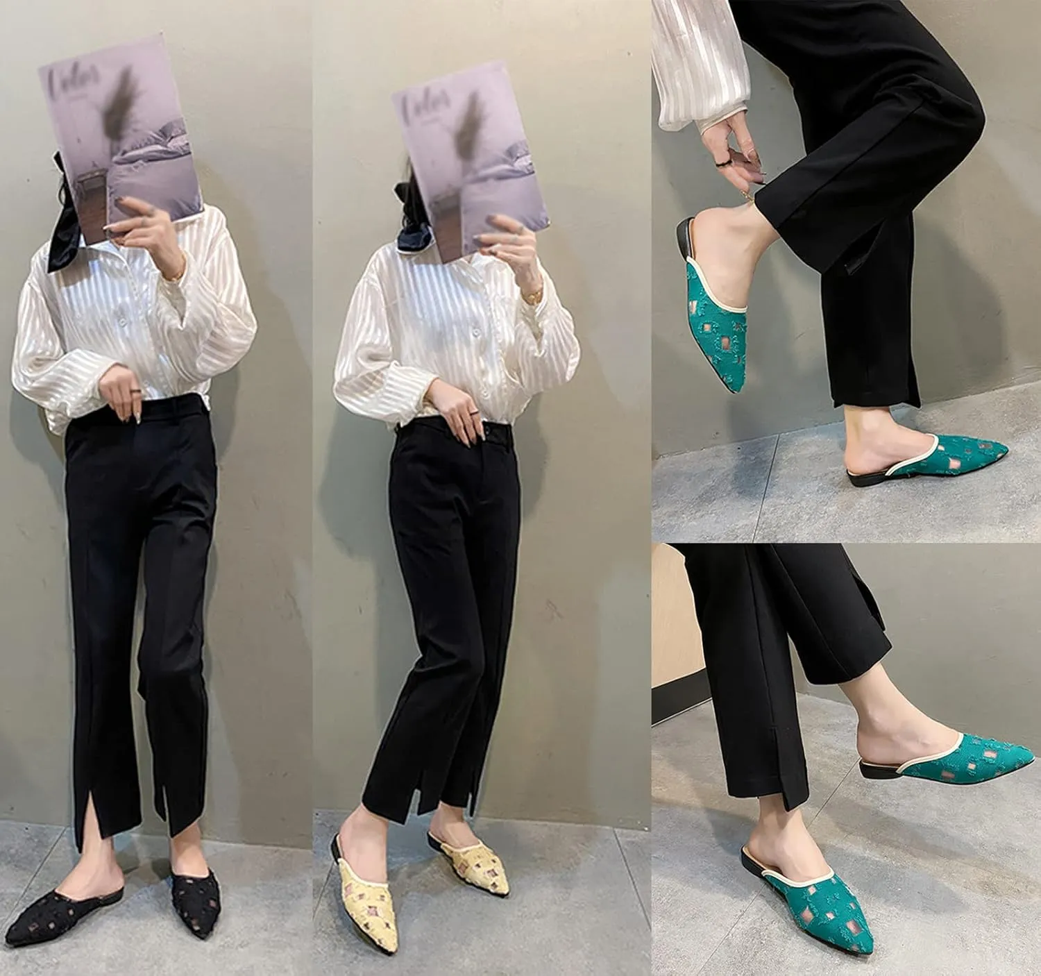KCTRFSJ Women's Pointed Toe Hollow Flat Mule Slides,Fashion Sexy Slip On Closed Toe Backless Sandals Loafer Shoes,Comfortable Breathable Low Heel Casual Dress Mule Slippers