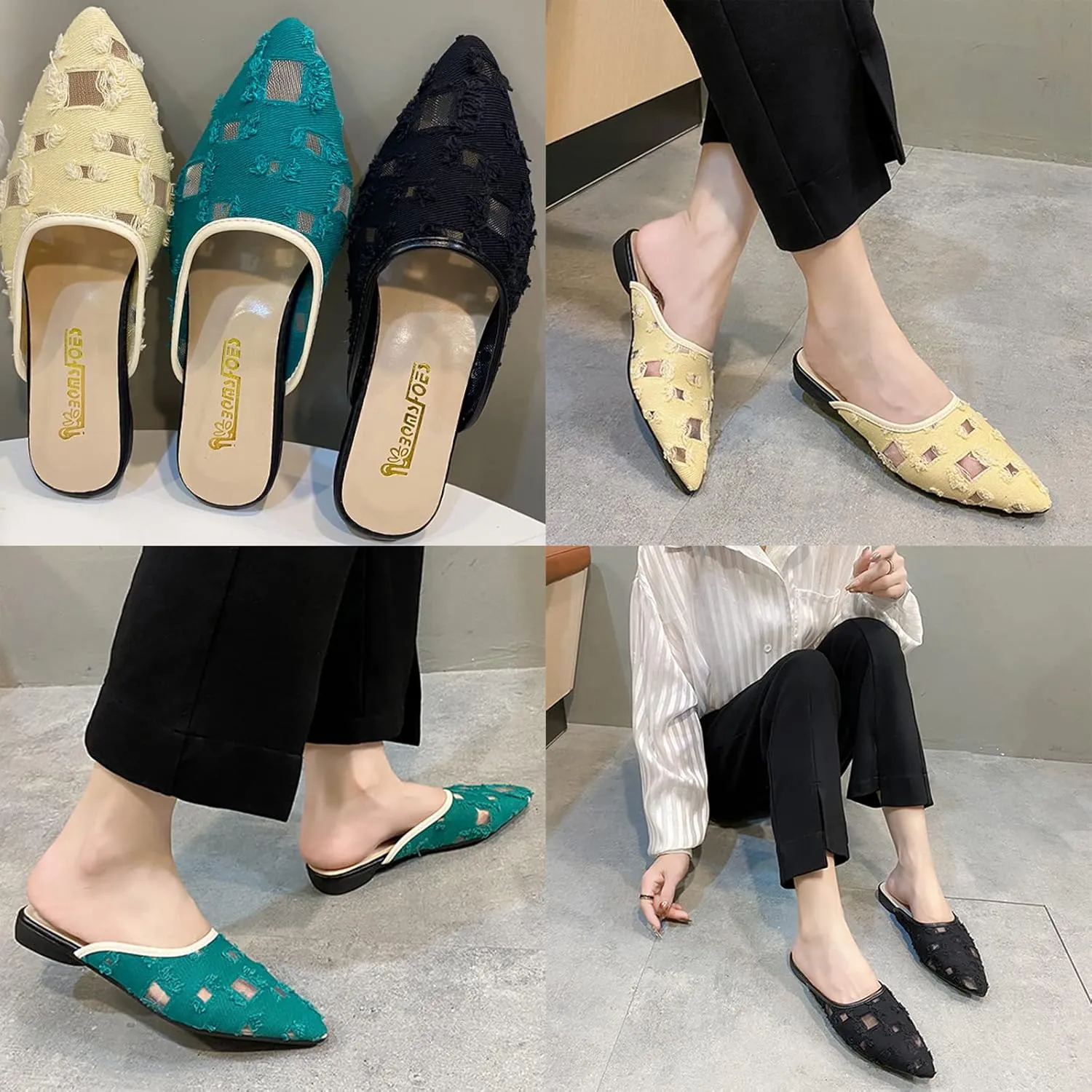 KCTRFSJ Women's Pointed Toe Hollow Flat Mule Slides,Fashion Sexy Slip On Closed Toe Backless Sandals Loafer Shoes,Comfortable Breathable Low Heel Casual Dress Mule Slippers