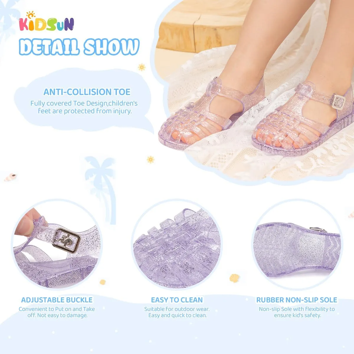 KIDSUN Toddler Girls Jelly Sandals Closed Toe Water Beach Summer Shoes Soft Rubber Sole Mary Jane Dress Shoes Princess Flat