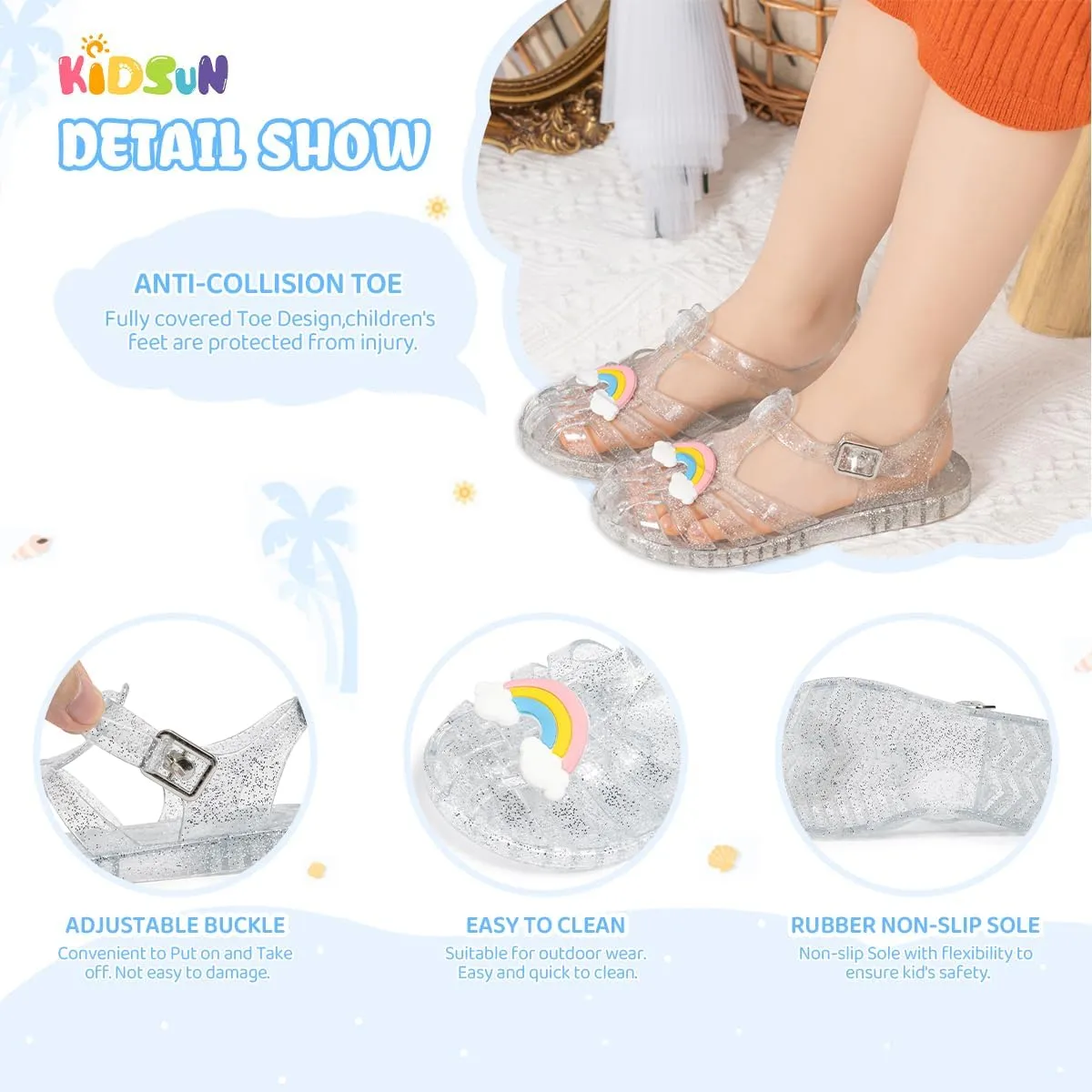 KIDSUN Toddler Girls Jelly Sandals Closed Toe Water Beach Summer Shoes Soft Rubber Sole Mary Jane Dress Shoes Princess Flat