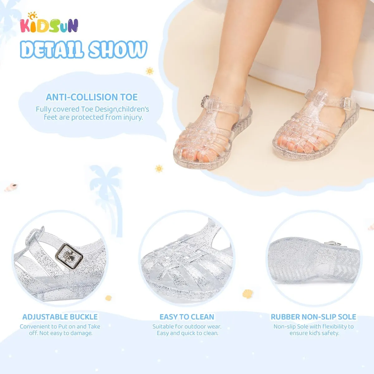 KIDSUN Toddler Girls Jelly Sandals Closed Toe Water Beach Summer Shoes Soft Rubber Sole Mary Jane Dress Shoes Princess Flat