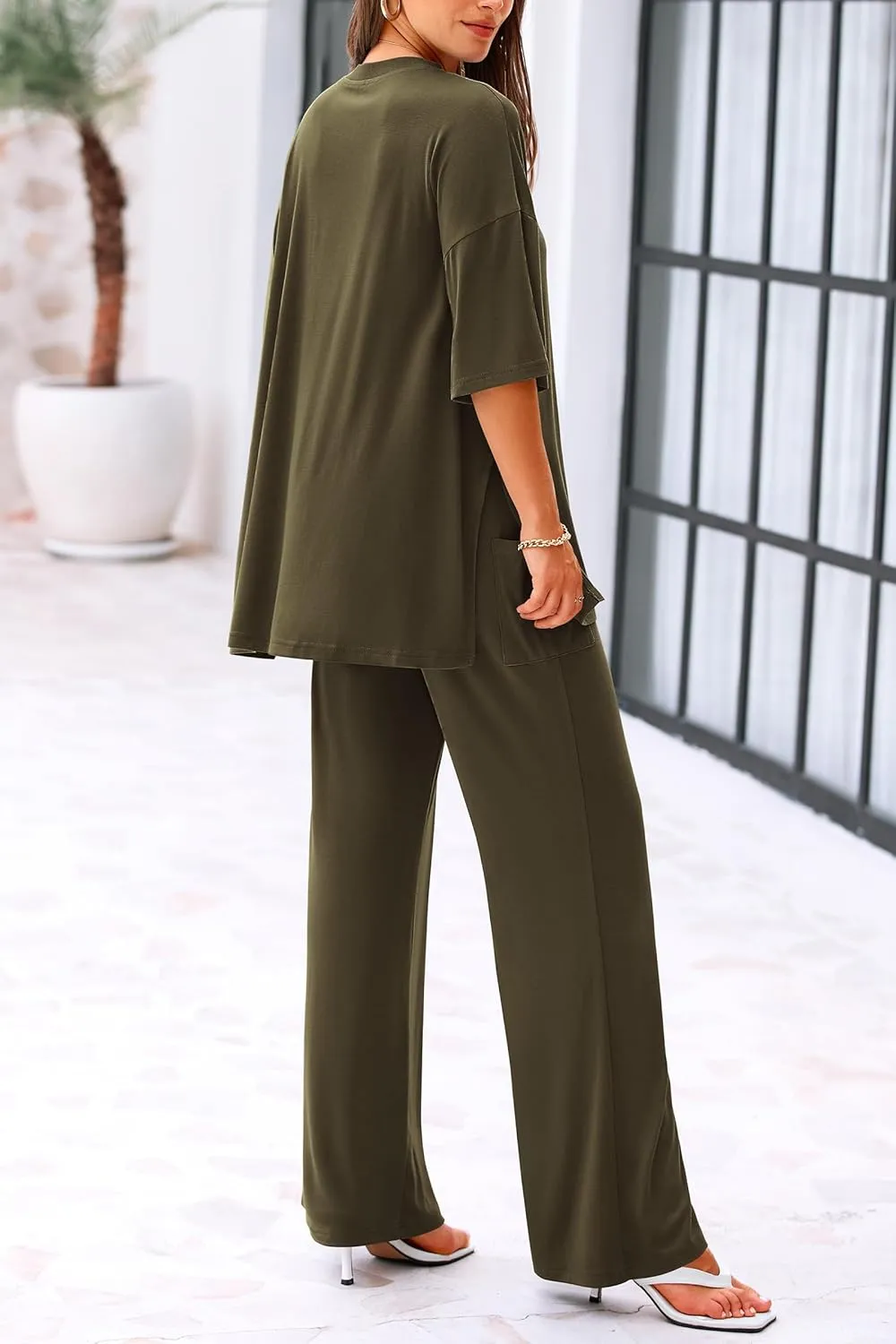 KIRUNDO Womens 2 Piece Outfits 2025 Summer Casual Loose Short Sleeve Pullover Tops & Wide Leg Pants Lounge Sets Tracksuit
