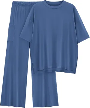 KIRUNDO Womens 2 Piece Outfits 2025 Summer Casual Loose Short Sleeve Pullover Tops & Wide Leg Pants Lounge Sets Tracksuit