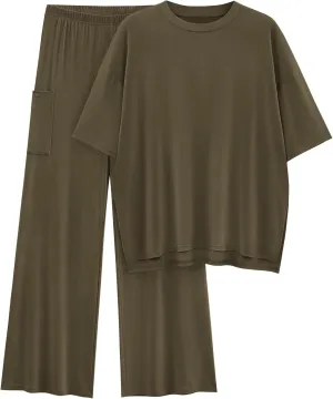 KIRUNDO Womens 2 Piece Outfits 2025 Summer Casual Loose Short Sleeve Pullover Tops & Wide Leg Pants Lounge Sets Tracksuit