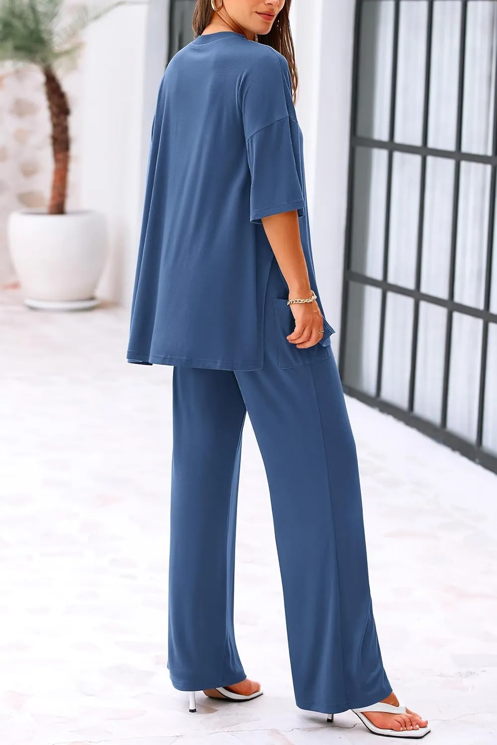 KIRUNDO Womens 2 Piece Outfits 2025 Summer Casual Loose Short Sleeve Pullover Tops & Wide Leg Pants Lounge Sets Tracksuit