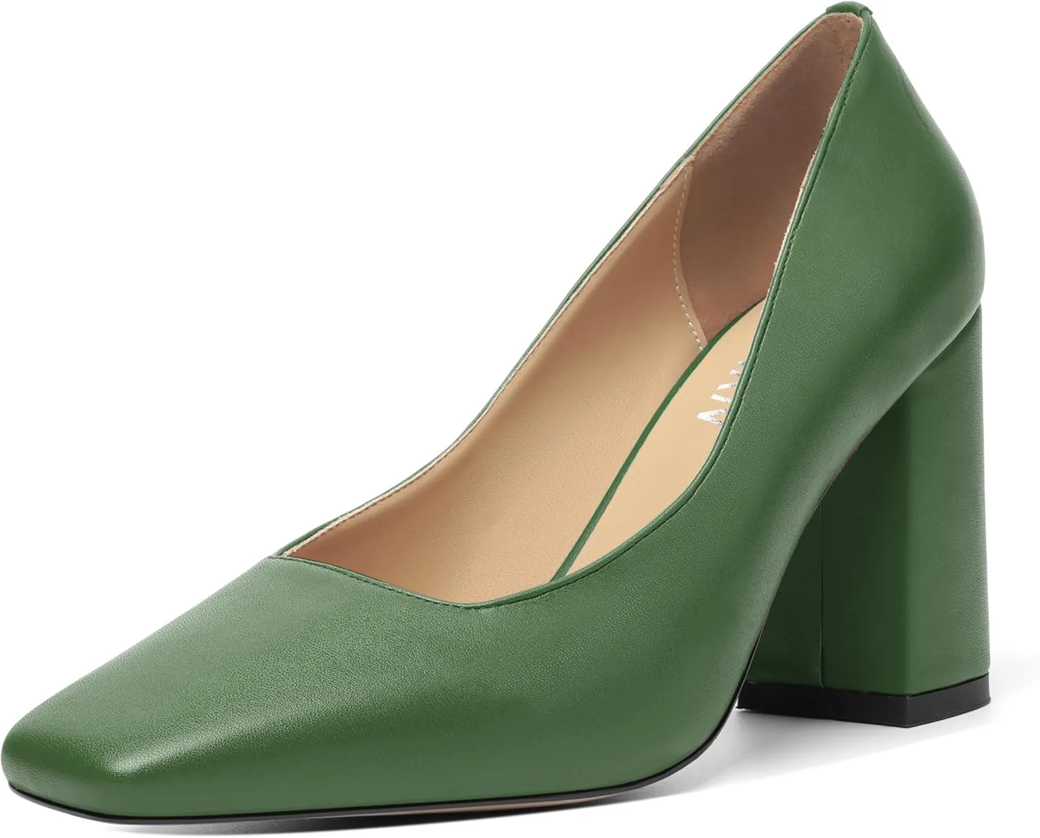 KUOARN Womens Matte Solid Square Toe Work Slip On Fashion Block High Heel Pumps Shoes 3.3 Inch