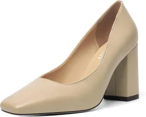 KUOARN Womens Matte Solid Square Toe Work Slip On Fashion Block High Heel Pumps Shoes 3.3 Inch
