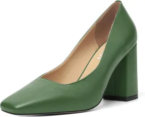 KUOARN Womens Matte Solid Square Toe Work Slip On Fashion Block High Heel Pumps Shoes 3.3 Inch