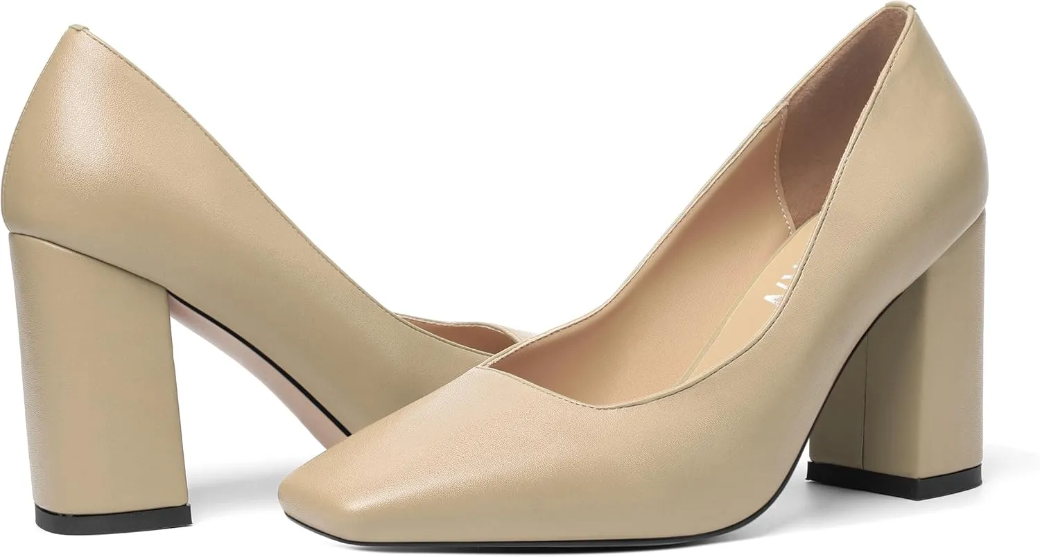 KUOARN Womens Matte Solid Square Toe Work Slip On Fashion Block High Heel Pumps Shoes 3.3 Inch