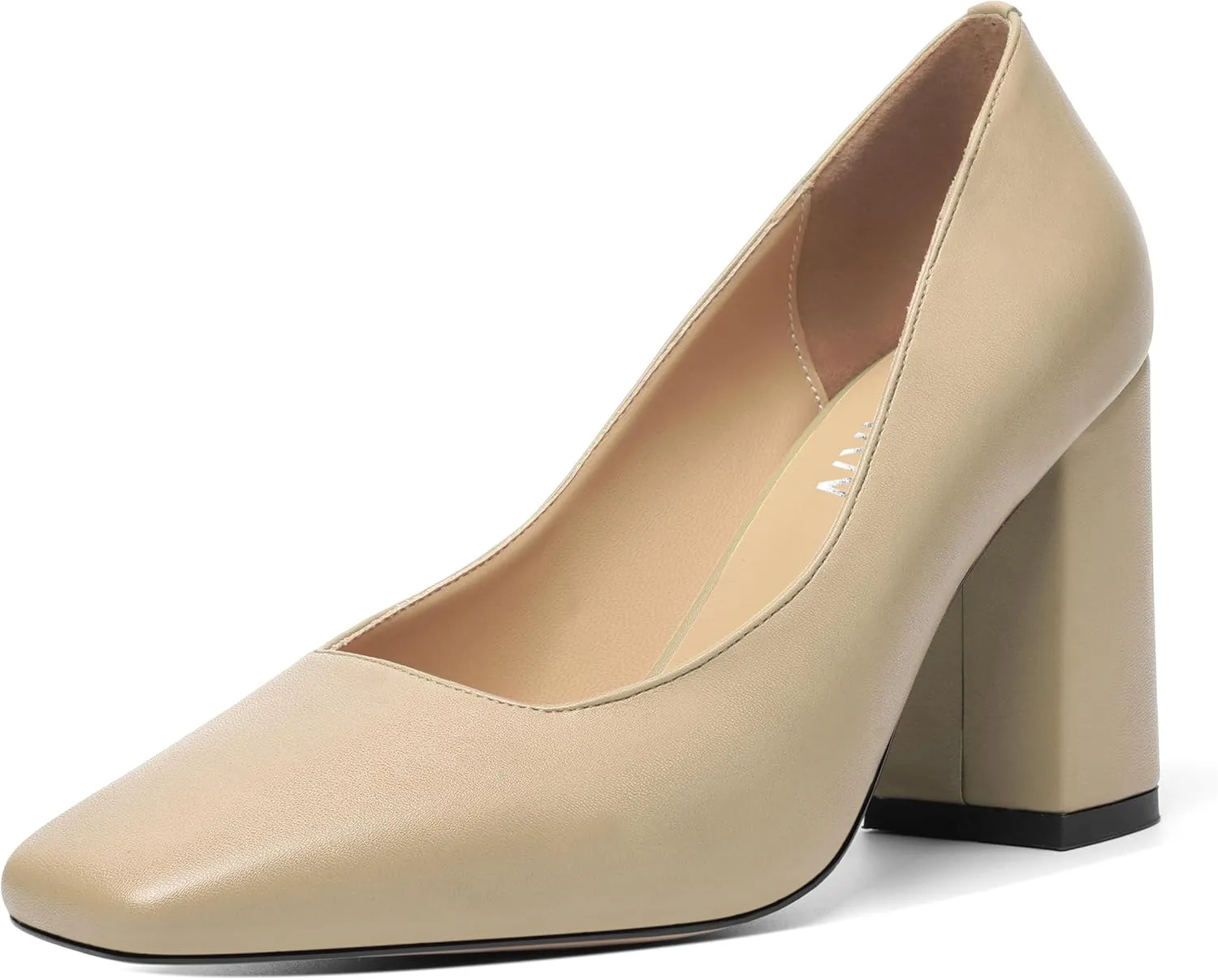 KUOARN Womens Matte Solid Square Toe Work Slip On Fashion Block High Heel Pumps Shoes 3.3 Inch