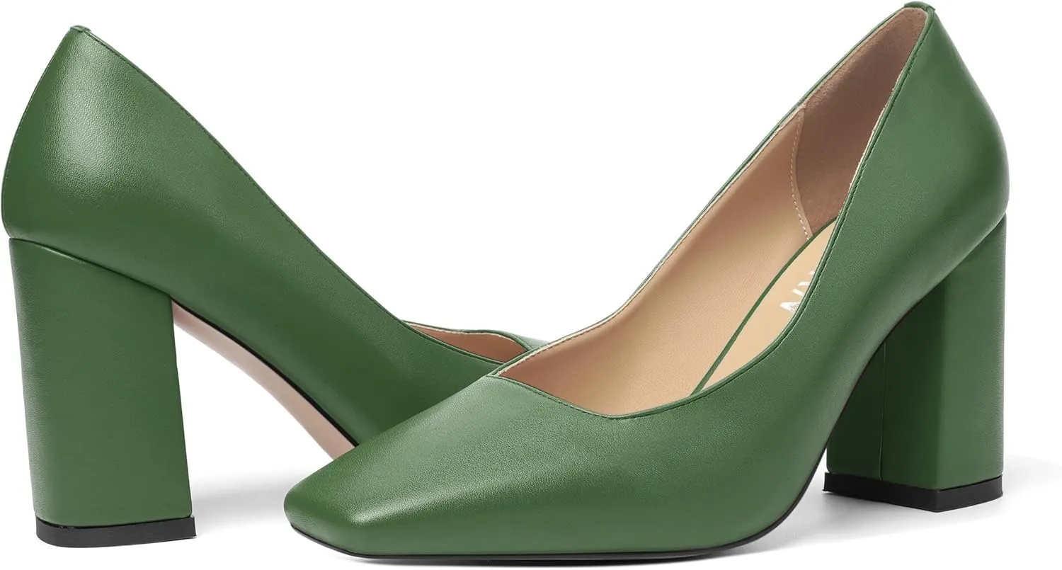 KUOARN Womens Matte Solid Square Toe Work Slip On Fashion Block High Heel Pumps Shoes 3.3 Inch
