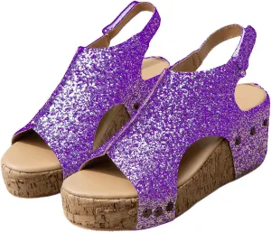 Ladmiple Sandals For Women 2024 Comfortable Wedge Platform Sandals Open Toe Sparkly Rhinestone Glitter Summer Dress Shoes