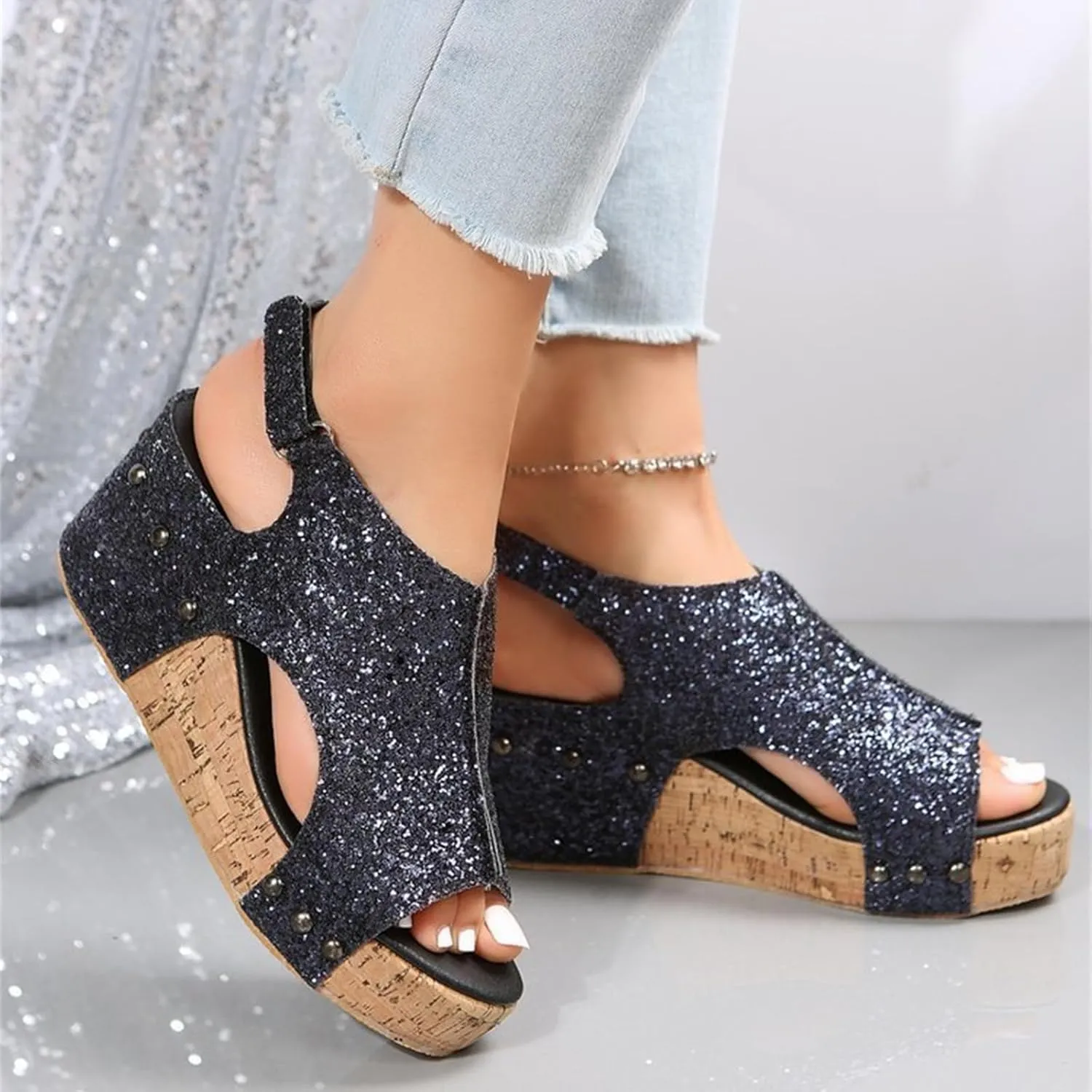 Ladmiple Sandals For Women 2024 Comfortable Wedge Platform Slip on Sandals Flatform Open Toe Sparkly Summer Dress Shoes