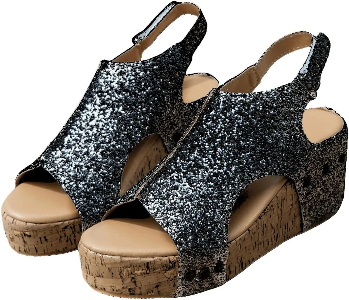 Ladmiple Sandals For Women 2024 Comfortable Wedge Platform Slip on Sandals Flatform Open Toe Sparkly Summer Dress Shoes