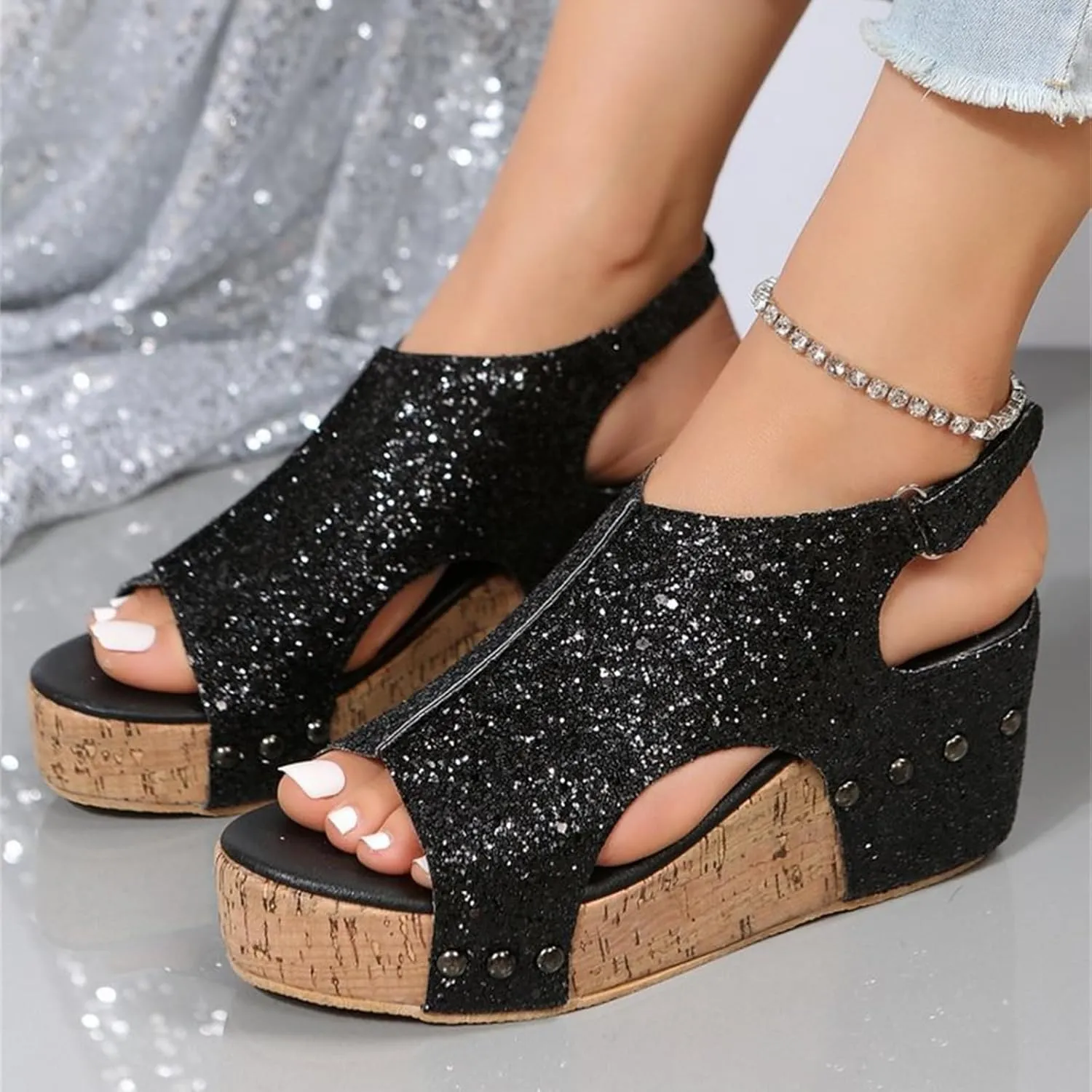 Ladmiple Sandals For Women 2024 Comfortable Wedge Platform Slip on Sandals Flatform Open Toe Sparkly Summer Dress Shoes