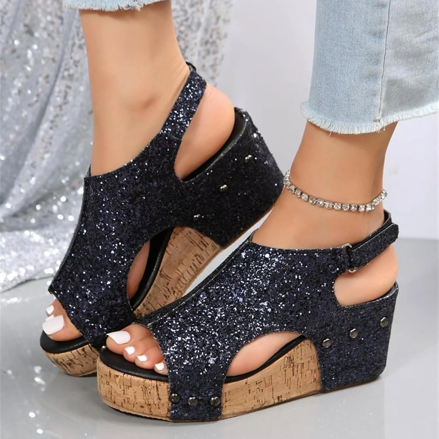 Ladmiple Sandals For Women 2024 Comfortable Wedge Platform Slip on Sandals Flatform Open Toe Sparkly Summer Dress Shoes
