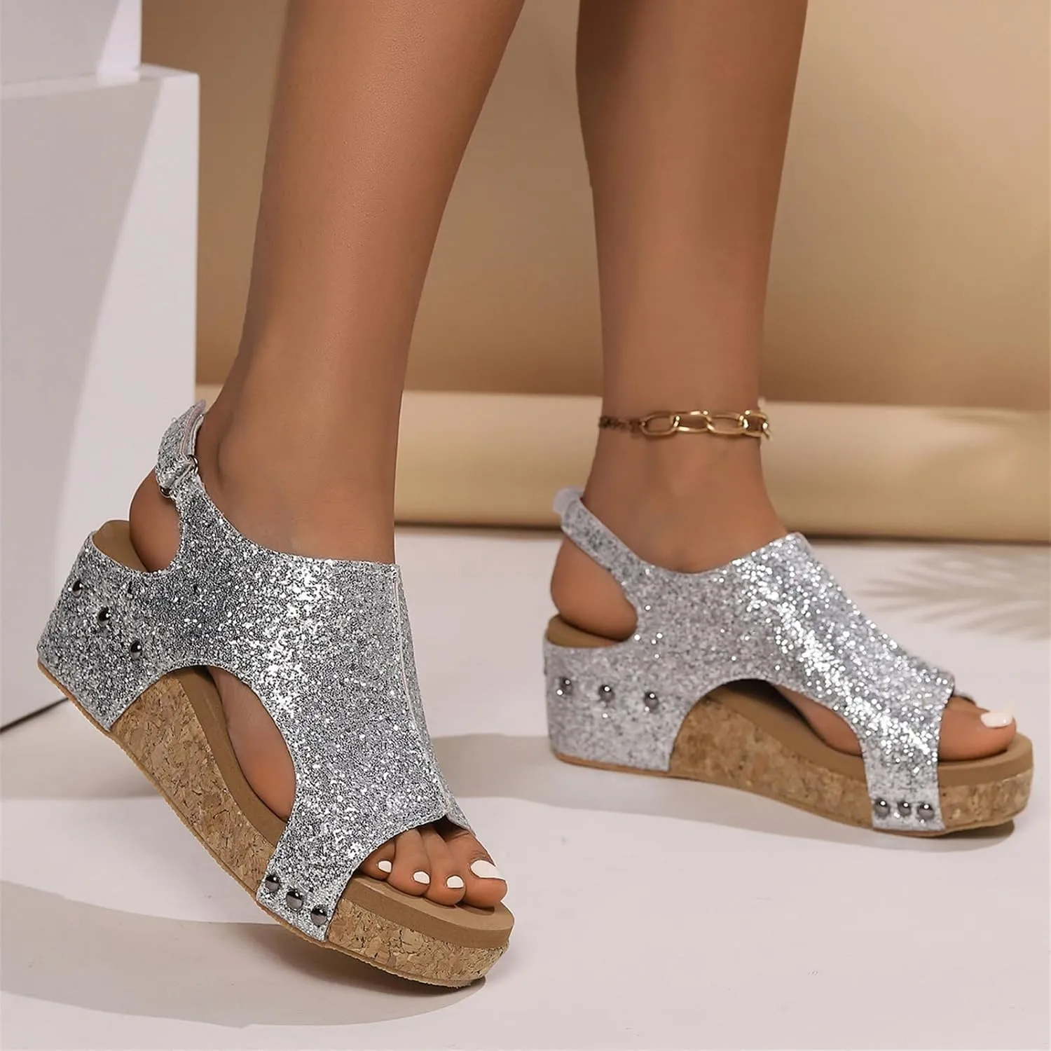 Ladmiple Sandals For Women 2024 Comfortable Wedge Platform Slip on Sandals Flatform Open Toe Sparkly Summer Dress Shoes