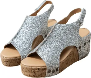 Ladmiple Sandals For Women 2024 Comfortable Wedge Platform Slip on Sandals Flatform Open Toe Sparkly Summer Dress Shoes