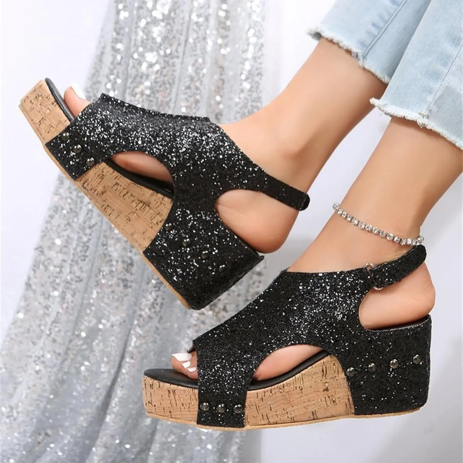 Ladmiple Sandals For Women 2024 Comfortable Wedge Platform Slip on Sandals Flatform Open Toe Sparkly Summer Dress Shoes