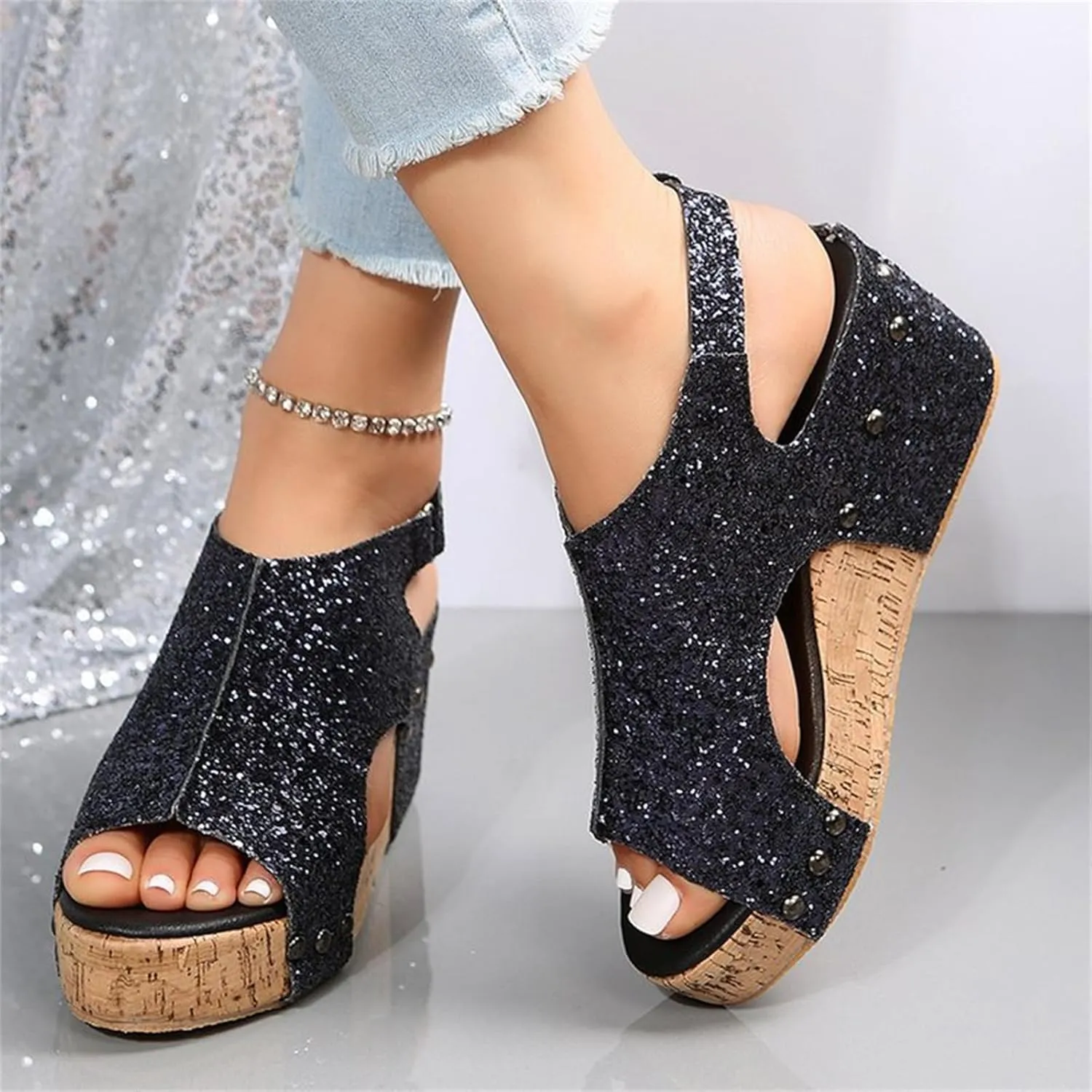 Ladmiple Sandals For Women 2024 Comfortable Wedge Platform Slip on Sandals Flatform Open Toe Sparkly Summer Dress Shoes