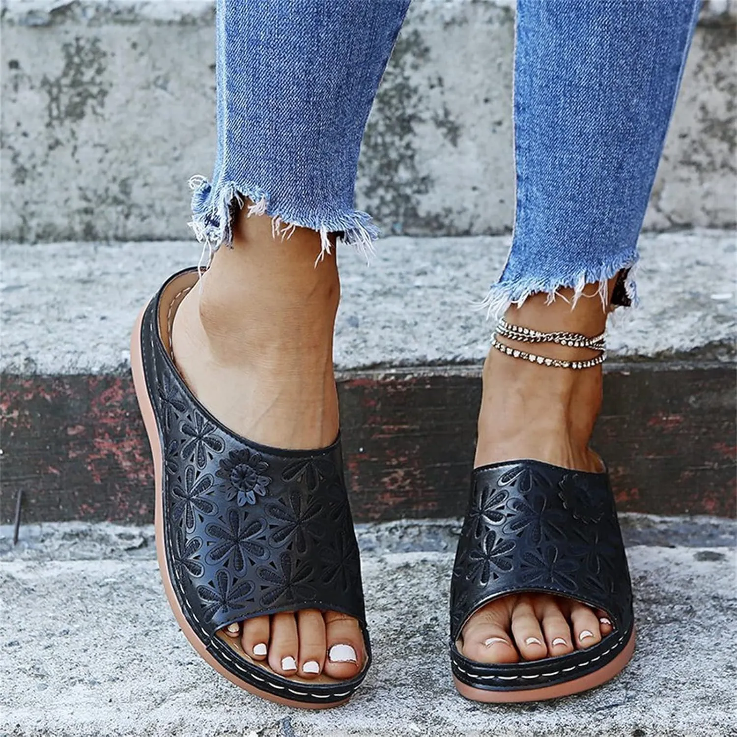 Ladmiple Summer Sandals for Women 2023 Wedge Slides Sandal Breathable Slip On Open Toe Dressy Comfort Orthopedic Sandals