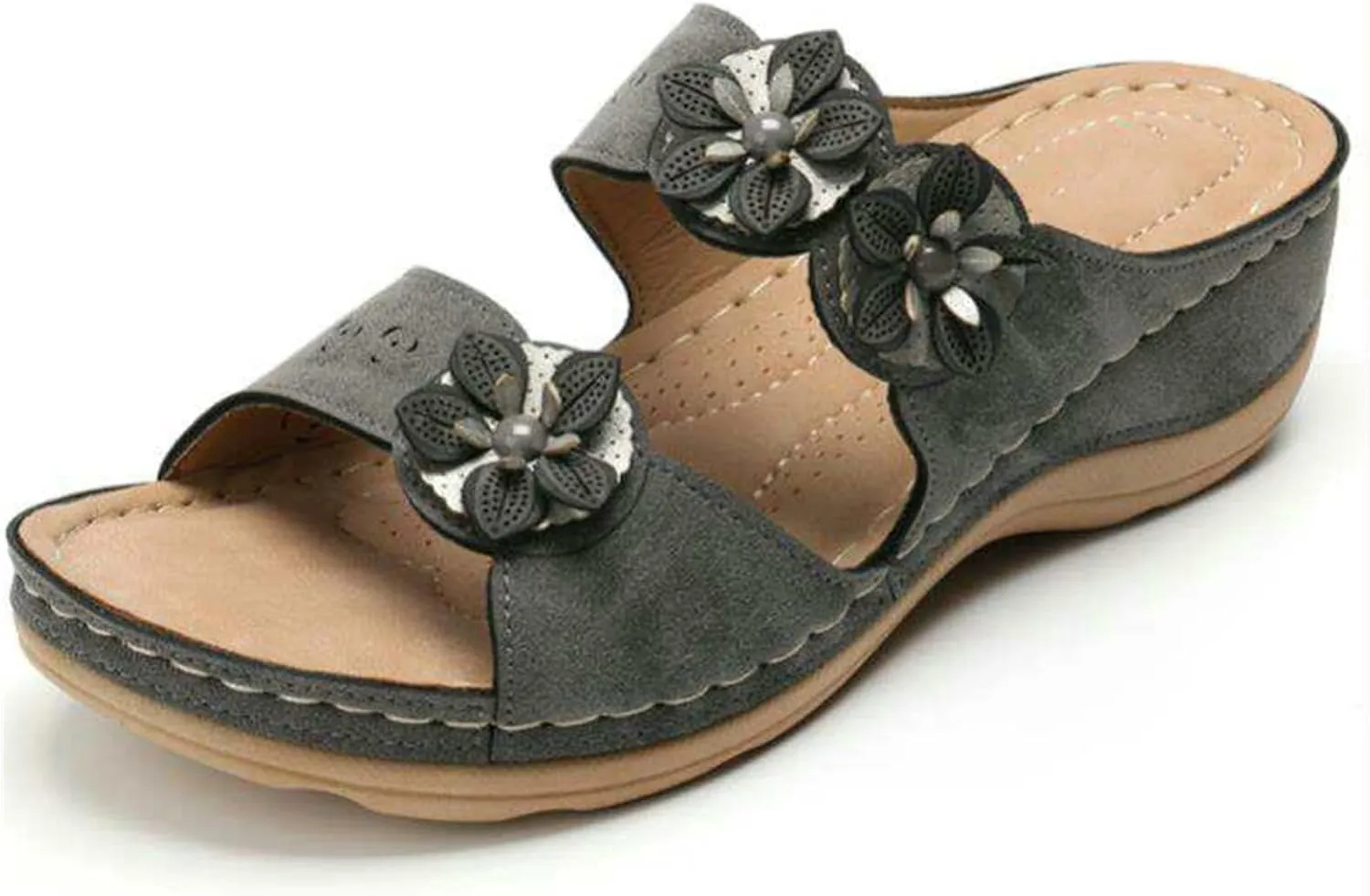 Ladmiple Womens Casual Summer Flower Orthopedic Wedge Flip Flops Arch Support Beach Roman Open Toe Slip On Slide Shoes