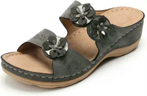 Ladmiple Womens Casual Summer Flower Orthopedic Wedge Flip Flops Arch Support Beach Roman Open Toe Slip On Slide Shoes