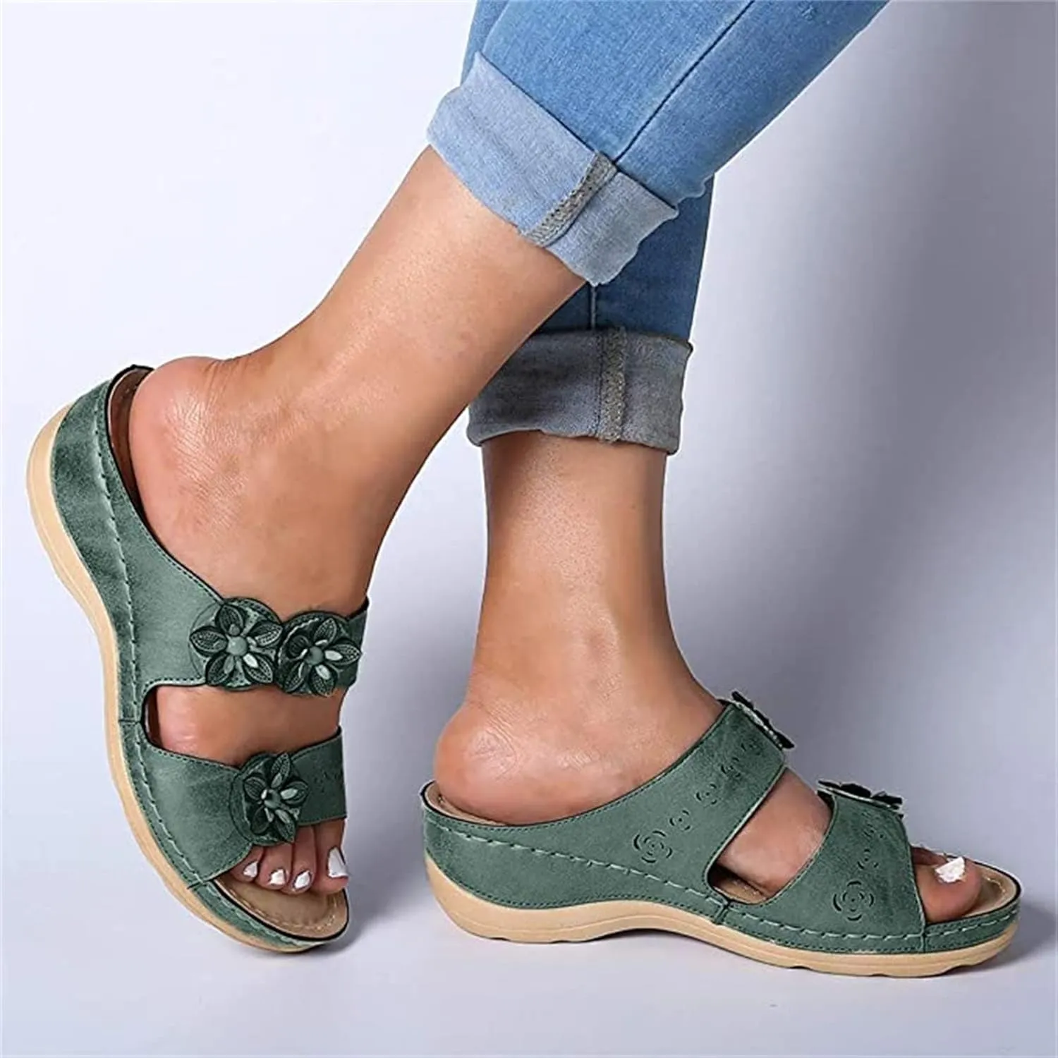 Ladmiple Womens Casual Summer Flower Orthopedic Wedge Flip Flops Arch Support Beach Roman Open Toe Slip On Slide Shoes