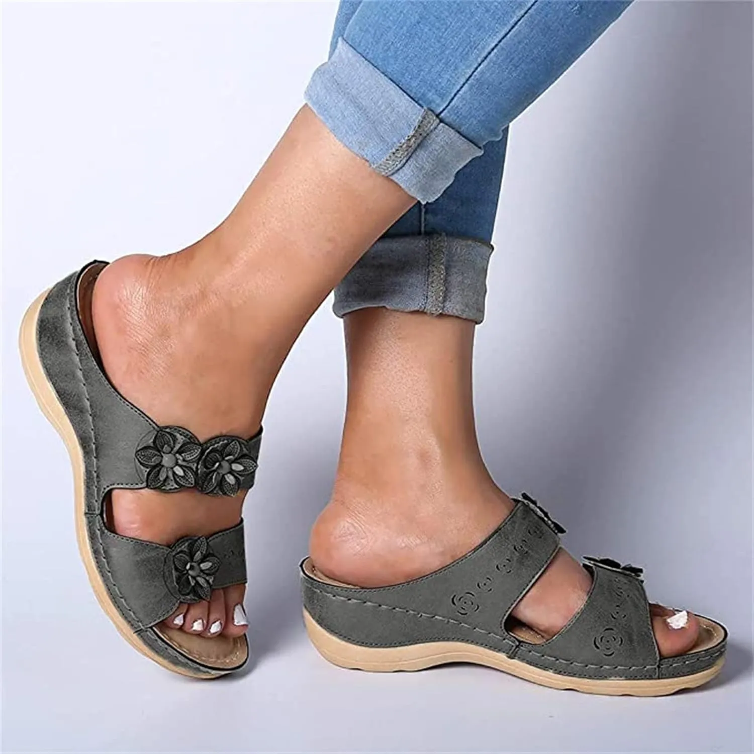 Ladmiple Womens Casual Summer Flower Orthopedic Wedge Flip Flops Arch Support Beach Roman Open Toe Slip On Slide Shoes