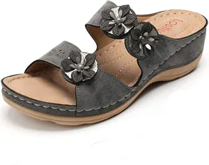 Ladmiple Womens Casual Summer Flower Orthopedic Wedge Flip Flops Arch Support Beach Roman Open Toe Slip On Slide Shoes