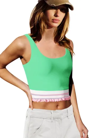 LAMISSCHE Womens Cropped Tank Tops Workout Padded Sports Bra Athletic Yoga Gym Tops Striped Ruffle Camisole