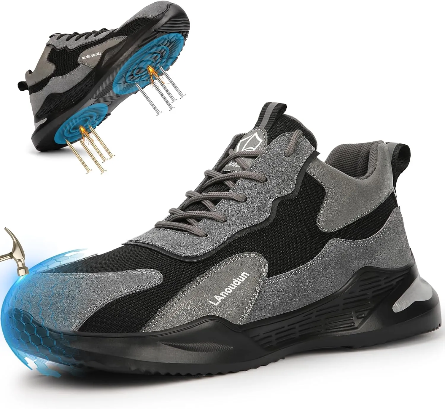 LAoutun Steel Toe Shoes for Men Women Comfortable Lightweight Work Safety Shoes for Men Women Puncture Proof Indestructible Sneakers Construction Work Utility Sneakers