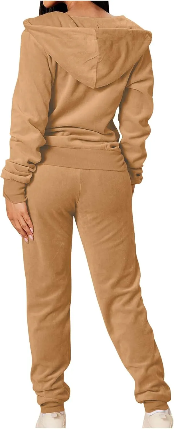 Lastesso Velour Tracksuit Womens Solid Color 2 Piece Tracksuit Zip Up Long Sleeve Tops Long Sweatpants Outfits Lounge Sets