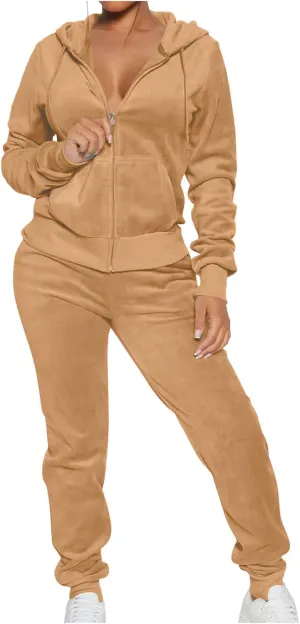 Lastesso Velour Tracksuit Womens Solid Color 2 Piece Tracksuit Zip Up Long Sleeve Tops Long Sweatpants Outfits Lounge Sets