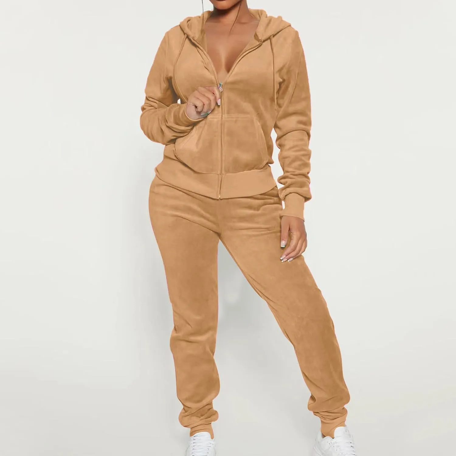 Lastesso Velour Tracksuit Womens Solid Color 2 Piece Tracksuit Zip Up Long Sleeve Tops Long Sweatpants Outfits Lounge Sets