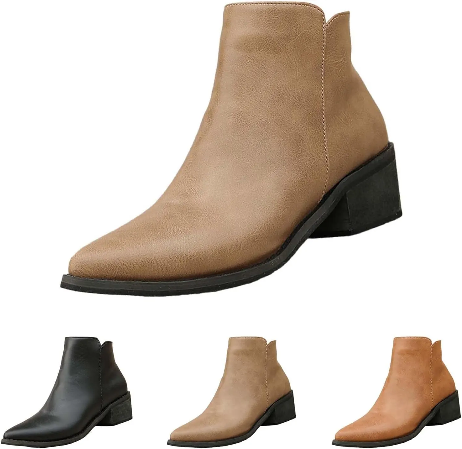 Leather Boots for Women Ankle Booties Pointed Toe Square Heel Dress Boots for Women Non Slip Walking Shoes