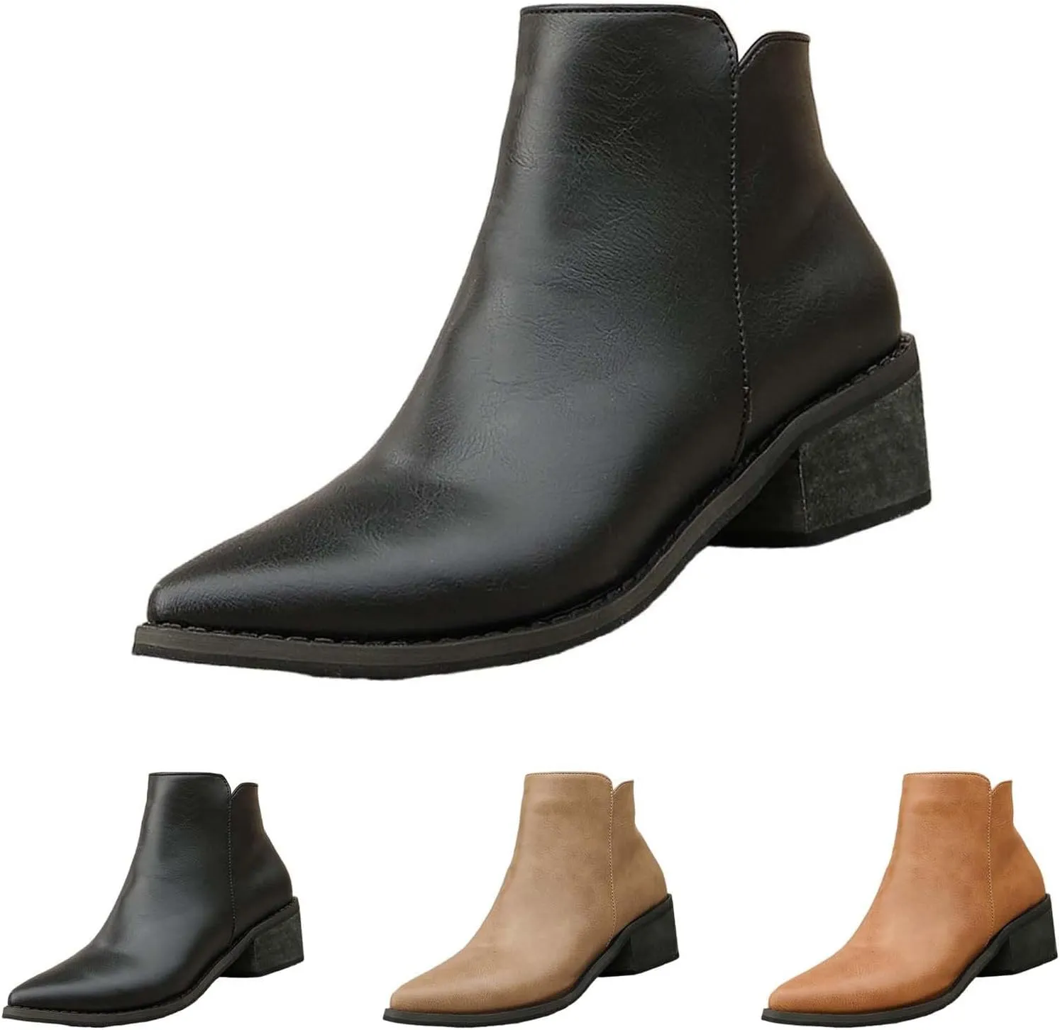 Leather Boots for Women Ankle Booties Pointed Toe Square Heel Dress Boots for Women Non Slip Walking Shoes