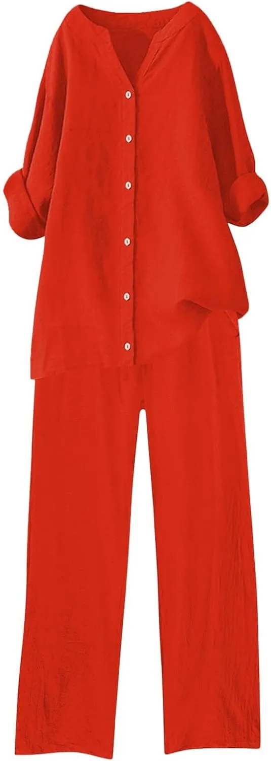 Linen Set For Women 2 Piece Summer Outfits Plus Size Long Sleeve Graphic Button Tees Capri Pants Lounge Matching Sets