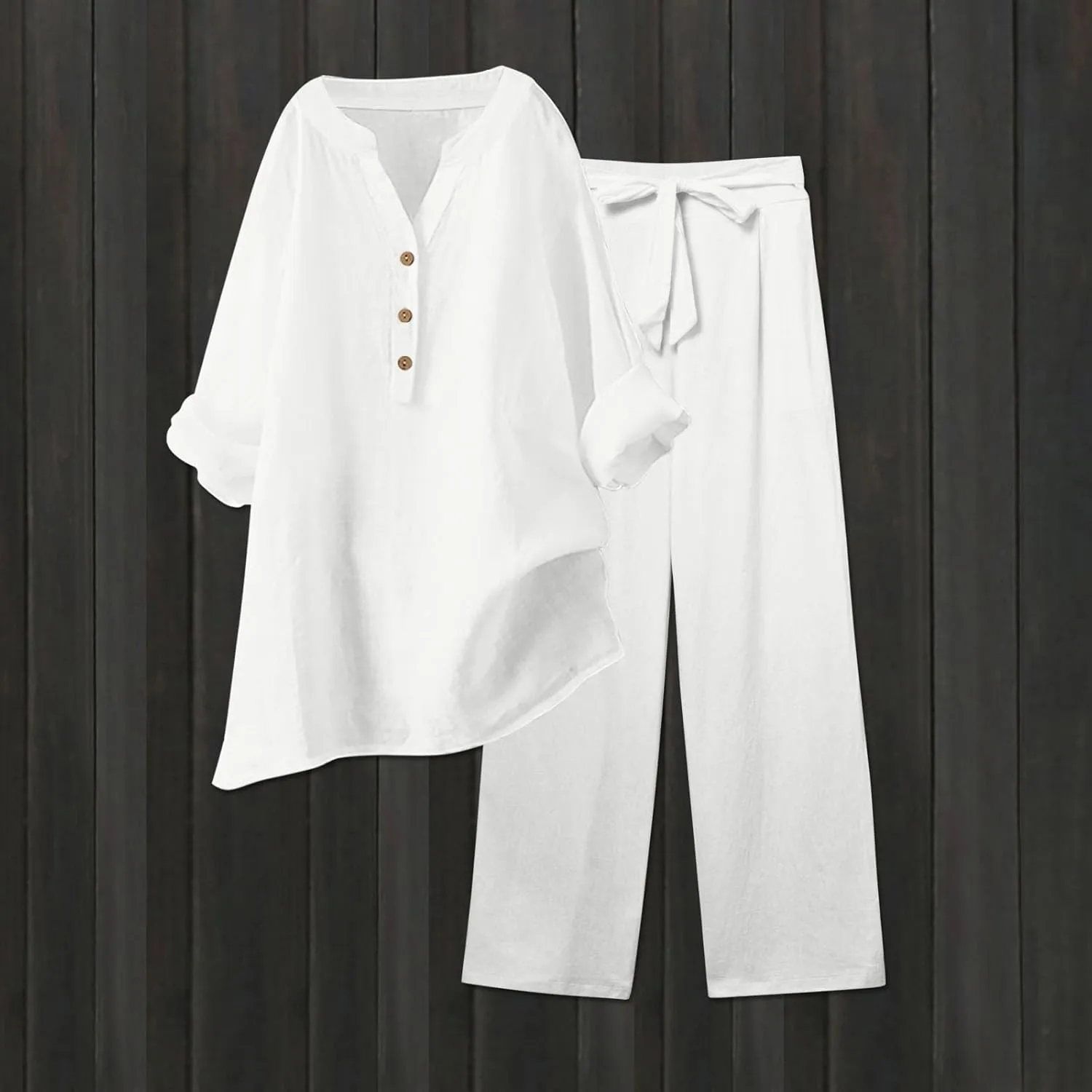 Linen Set For Women 2 Piece Summer Outfits Plus Size Long Sleeve Graphic Button Tees Capri Pants Lounge Matching Sets