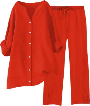 Linen Set For Women 2 Piece Summer Outfits Plus Size Long Sleeve Graphic Button Tees Capri Pants Lounge Matching Sets