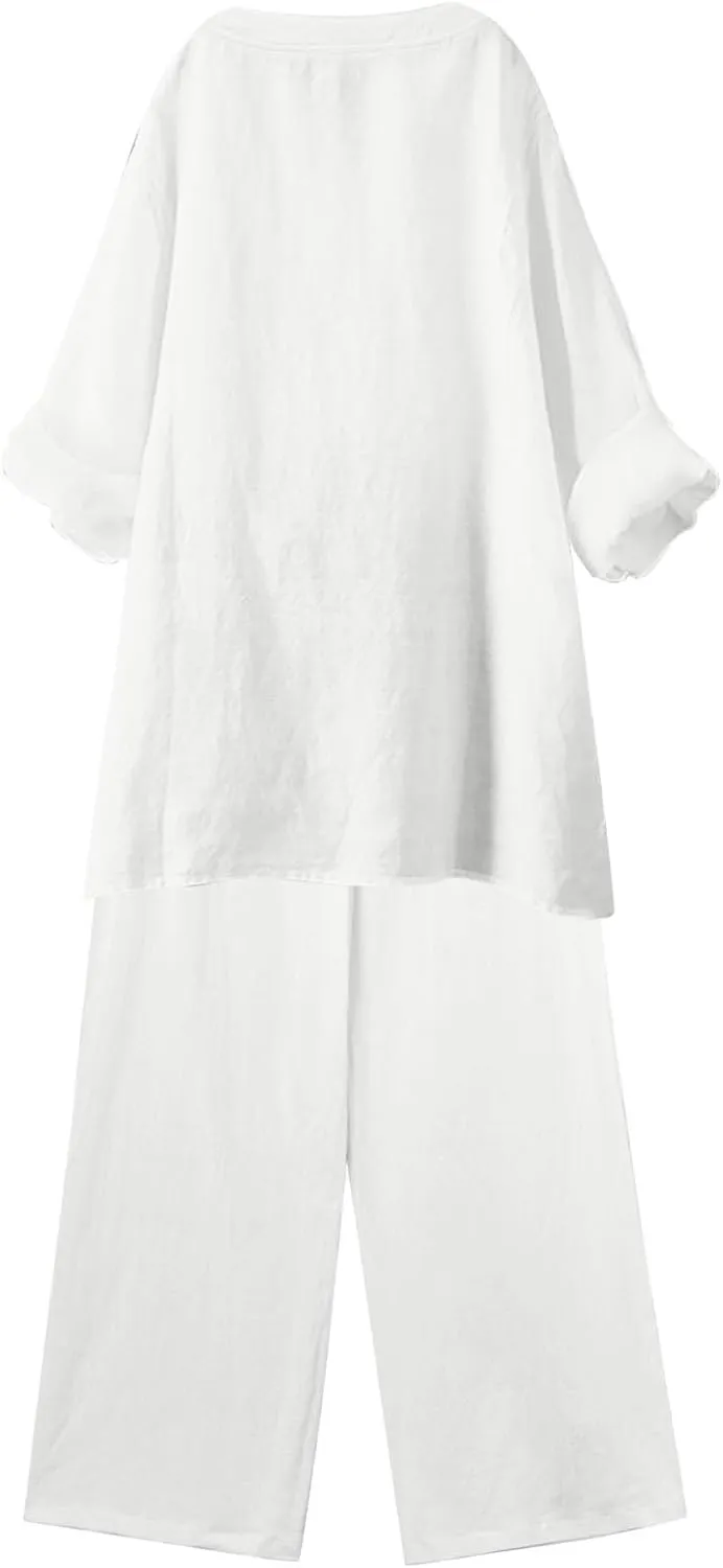 Linen Set For Women 2 Piece Summer Outfits Plus Size Long Sleeve Graphic Button Tees Capri Pants Lounge Matching Sets