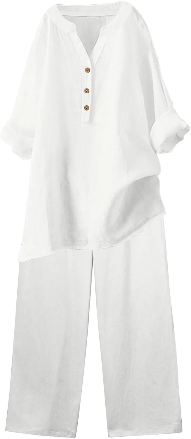 Linen Set For Women 2 Piece Summer Outfits Plus Size Long Sleeve Graphic Button Tees Capri Pants Lounge Matching Sets