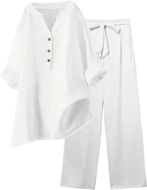 Linen Set For Women 2 Piece Summer Outfits Plus Size Long Sleeve Graphic Button Tees Capri Pants Lounge Matching Sets