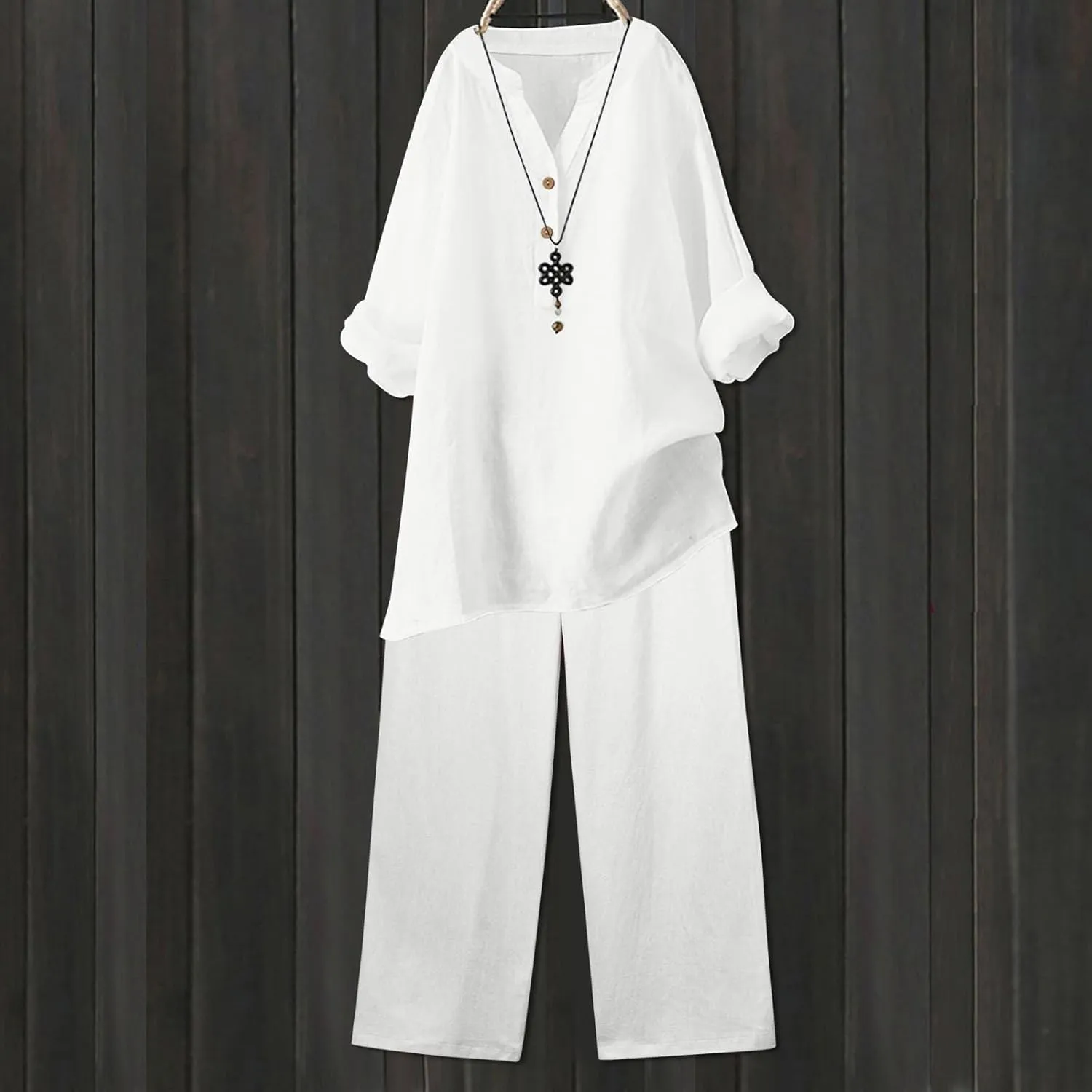 Linen Set For Women 2 Piece Summer Outfits Plus Size Long Sleeve Graphic Button Tees Capri Pants Lounge Matching Sets