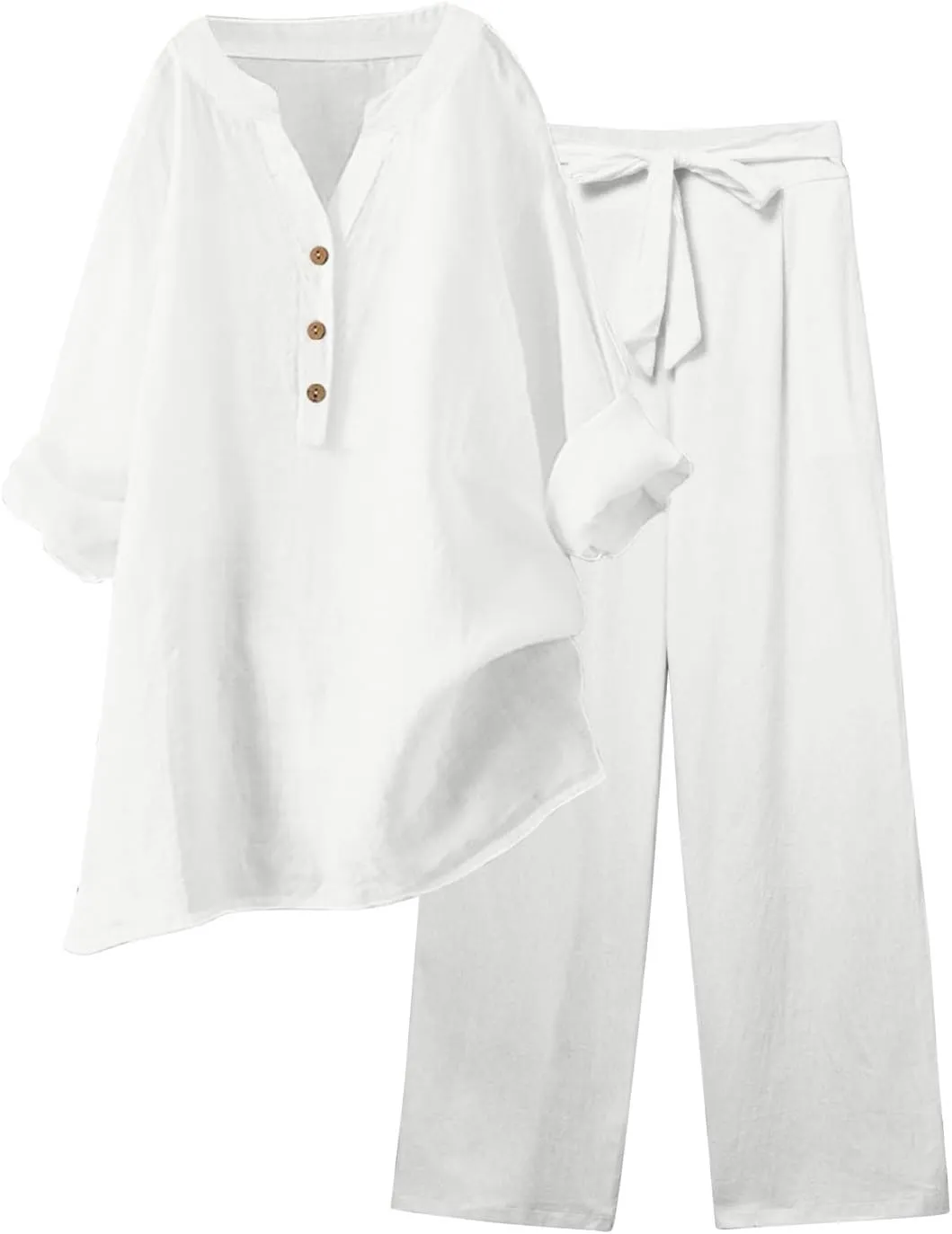 Linen Set For Women 2 Piece Summer Outfits Plus Size Long Sleeve Graphic Button Tees Capri Pants Lounge Matching Sets