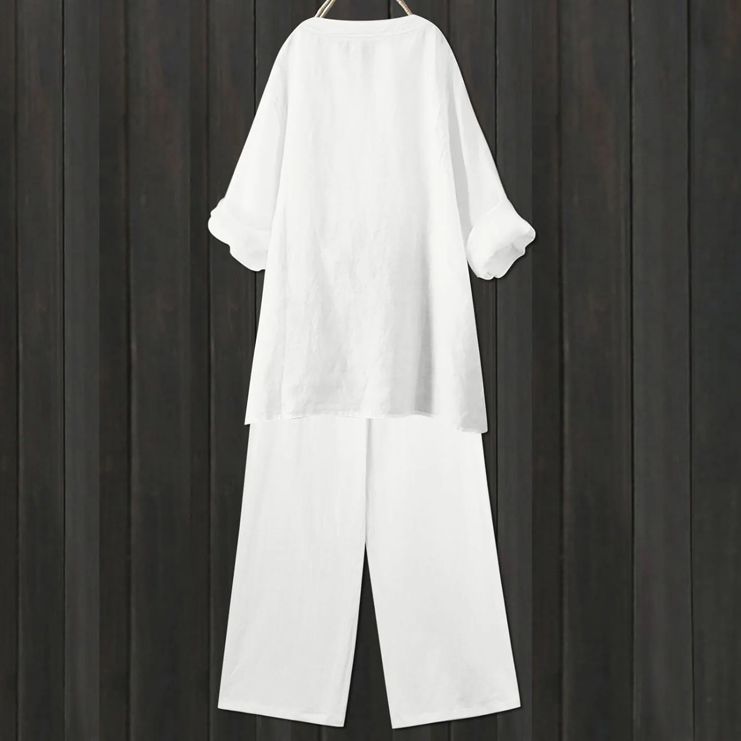Linen Set For Women 2 Piece Summer Outfits Plus Size Long Sleeve Graphic Button Tees Capri Pants Lounge Matching Sets
