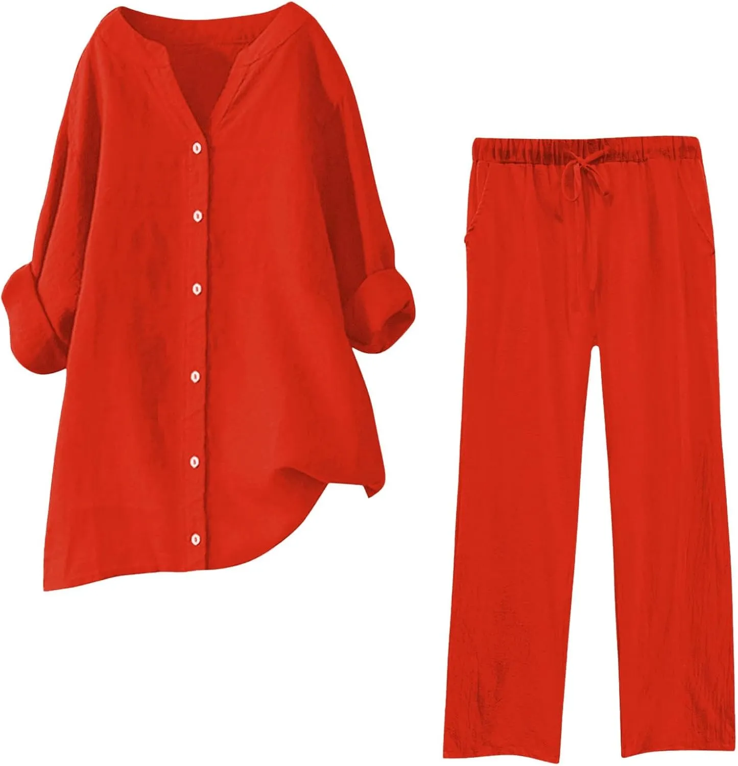 Linen Set For Women 2 Piece Summer Outfits Plus Size Long Sleeve Graphic Button Tees Capri Pants Lounge Matching Sets
